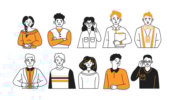Different occupations avatars doodle line and color outline set. Masters in several businesses straight portray individuals collection vector