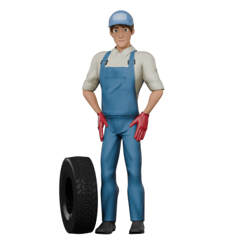 3D Model of Cartoon Mechanic. A male mechanic is standing with a car tire placed on his left side, his hands are on his waist. Automotive Expert png