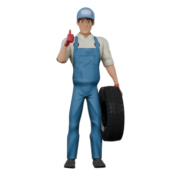 Male Mechanic Characte. A male mechanic gives a thumbs up sign as a sign of approval while holding a car tire in his left hand. 3D Auto Workshop Style png