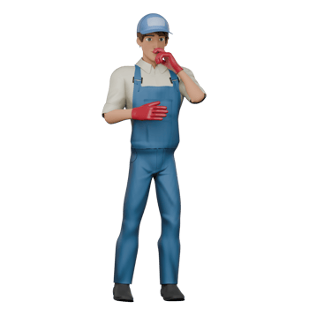 Auto Repair Expert in 3D. A male mechanic is standing with one hand covering his mouth while the other hand is on his chest, as if looking for a solution. Cartoon Mechanic png