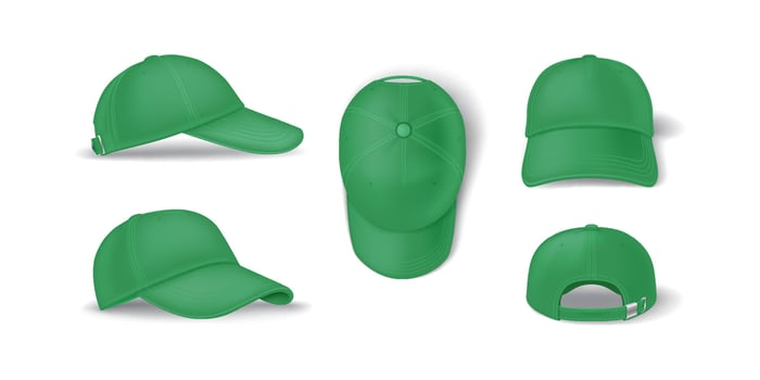 Casual green baseball cap mockup template realistic illustration set. Head clothing with brand template 3d models on white background vector