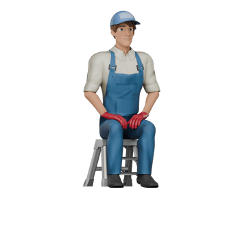 3D Professional Mechanic Character. A male mechanic is sitting on a small ladder with both hands placed on his lap, as if he has just finished his task and is resting. Male Technician png