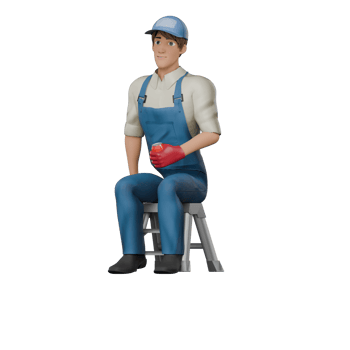 Animated Male Mechanic. A male mechanic sits on a small ladder holding a cellphone in his hand. 3D Auto Professional png