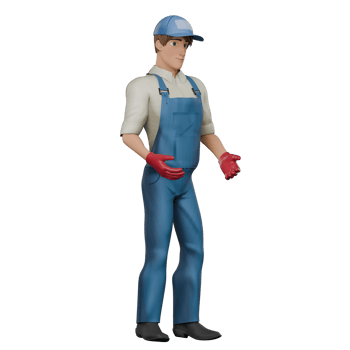 3D Cartoon Auto Technician. A male mechanic is standing with open hands that appear to be interacting with others or explaining the next steps. Mechanical Skills png