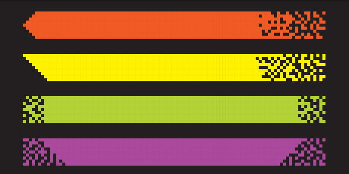 Pixel banner. Header, footer color layout with mosaic edges. Horizontal title tags with pixels. Labels pixelated decoration advertising elements. Rectangular dotted shapes isolated set vector