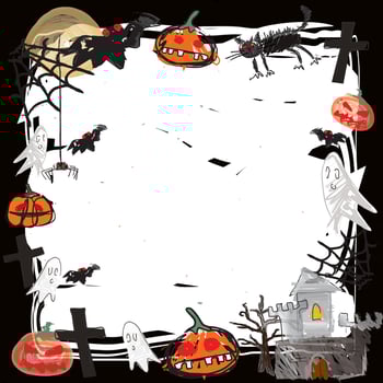 Funny Halloween elements around white blank frame hand drawn childish style on black square background graphic illustration. vector