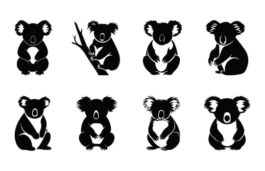 Koala Silhouette Clipart Bundle, Black Koala Silhouette Set vector