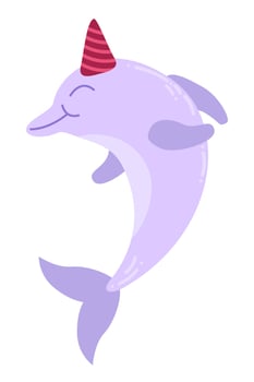 Childrens cute animal. Dolphin character with present. Kids birthday concept. Element for invitation, print, banner, card, brochure, logo vector