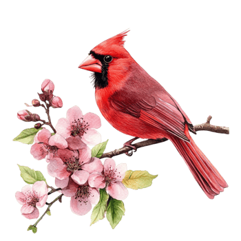 Red Cardinal Perched on a Branch Adorned with Pink Flowers png