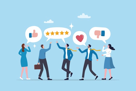 Employee feedback, opinion or rating review, customer service quality, survey result or social media comment, appraisal, evaluation or ranking concept, business people giving feedback communication. vector