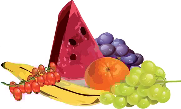 Fresh watermelon, grapes, orange, banana and redcurrant lying on white background vector