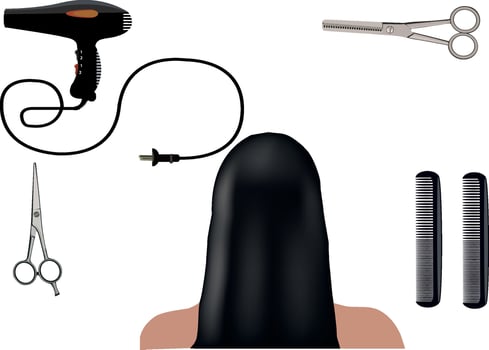 Woman with long black hair getting ready for styling session with hairdresser vector