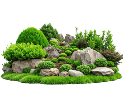 Beautiful garden design combining landscape elements with plants and rocks png