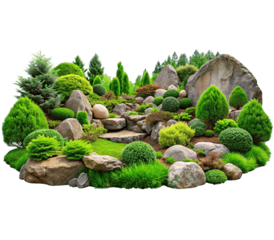 garden combining landscape elements with plants and rocks and path png