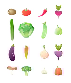 collection of vegetables. Set of fresh delicious vegetarian veggies on white. exotic cooking ingredients, healthy food. Bundle flat isolated illustrations vector