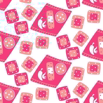pattern of colored flat patches with pepper for warming up in case of a cold. Pink packaging with a breathable surface. Seamless texture of the flu strip. the packaging is made of warm fabric squares vector