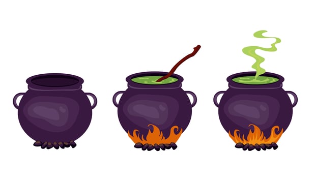 Witch's potion cauldron, three stages of bubbling witch's brew on fire. illustration isolated on white background. Happy Halloween vector