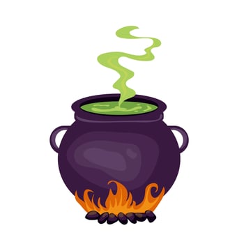Witches cauldron with potion bubbling witches brew on fire. vector