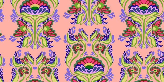a pink and green floral pattern, on a pink background vector