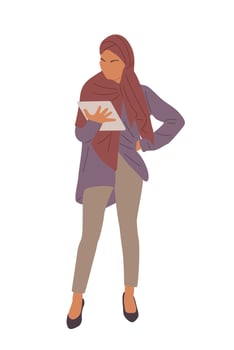 An illustration of a woman in a hijab holding a tablet vector