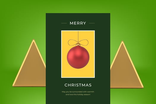 Merry Christmas stylish greeting card hang spruce ball toy yellow geometric frame 3d icon vector