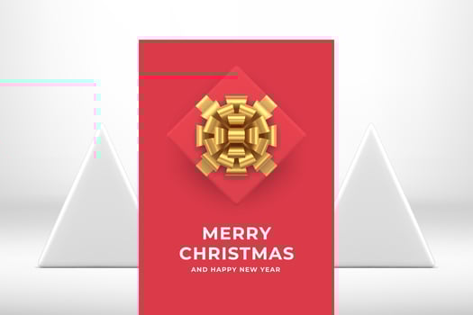 Premium Merry Christmas pink poster gift box with golden bow greeting card realistic 3d icon vector