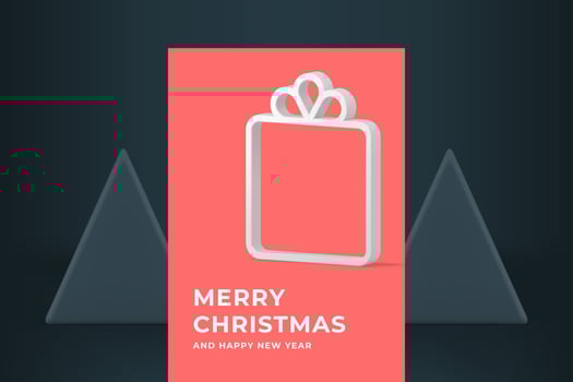 Merry Christmas pink greeting card gift box frame bauble realistic 3d icon Happy New Year vector
