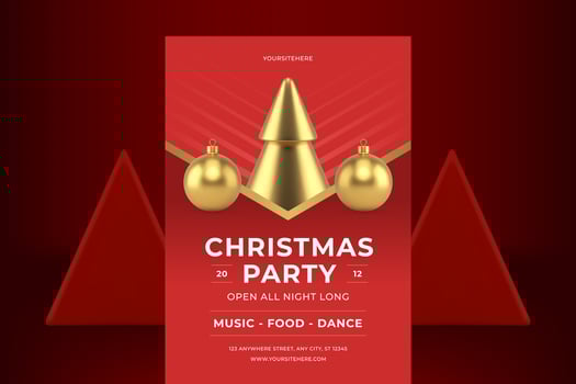 Premium red Christmas party advertising flyer template golden bauble realistic 3d icon vector
