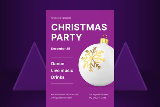 Christmas party purple promo flyer template design spruce ball toy realistic 3d icon vector