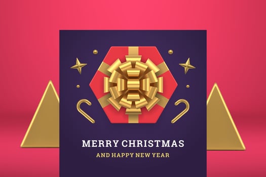 Happy New Year purple congratulations greeting card premium gift box top view 3d icon vector