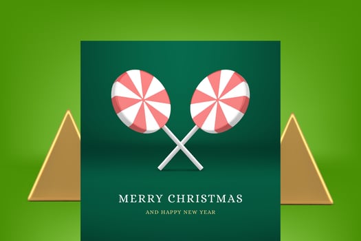 Premium Christmas congratulations green greeting card crossed twisted lollipops 3d icon vector