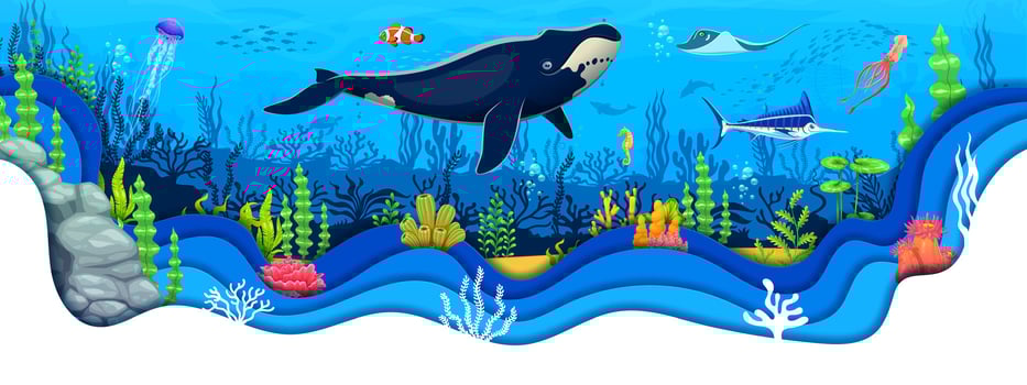 Cartoon blue whale at underwater landscape, vector