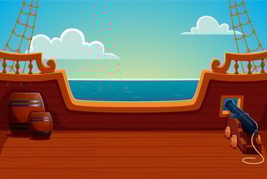 Pirate ship deck with wooden barrels and a cannon vector