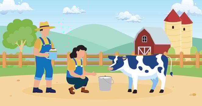 Farmers are raising dairy cows in a natural farm area illustration design vector
