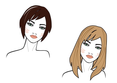 illustration of short hair and long style women face on white background, colored vector