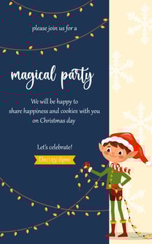 Winter holidays invitation card with elf boy. templates with Santa Claus little helper fun character. Cute kid design for print, card, flyer, banner. Merry Christmas 2025 cover vector