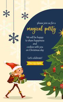 Winter holidays invitation card with elf. templates with Santa Claus little helper fun character. Cute kid design for print, card, flyer, banner. Merry Christmas 2025 cover vector