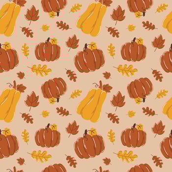 Autumn seamless pattern with pumpkin, leaf, cozy fall elements, cute hand drawn pattern vector