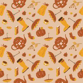 Autumn seamless pattern with ashberry, rowanberry, pumpkin, umbrella, boot, teapot, mug, sock, mushroom, book, leaf, cozy fall elements, cute hand drawn pattern vector