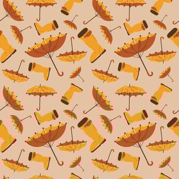 Autumn seamless pattern with umbrella, boot, cozy fall elements, cute hand drawn pattern vector