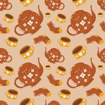Autumn seamless pattern with teapot, mug and sock, cozy fall elements, cute hand drawn pattern vector