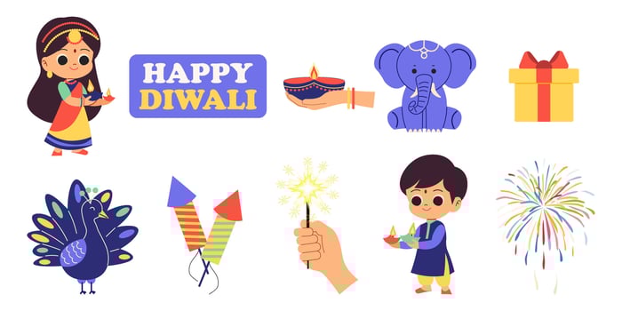 Cute stickers of the Hindu festival of Diwali in a flat cartoon design. symbols of the celebration of Diwali. illustration vector