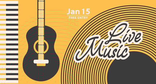 Jazz poster background template for music festival. Classical guitar, piano keys and lettering, event flyer design. Vintage retro style illustration vector