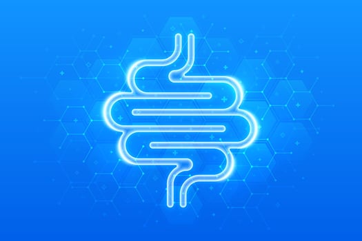 Intestine icon. Intestine health. Diagnosis, treatment of the bowel. Intestinal inflammation, colitis, dysbacteriosis. Molecular structure. Blue medical background with hexagons. vector