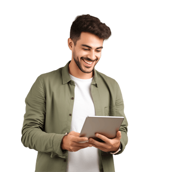 A man is smiling while holding a tablet png