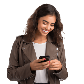 A woman in a leather jacket is smiling and holding her phone png