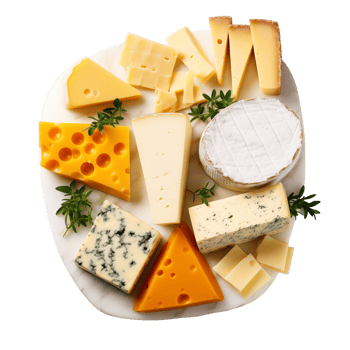 Assorted Types Of Cheese Placed On Marble Board With Fresh Herbs And Cut Into Pieces png