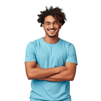 Smiling Young Man With Glasses And Curly Hair Standing With Arms Crossed On Blue Background png
