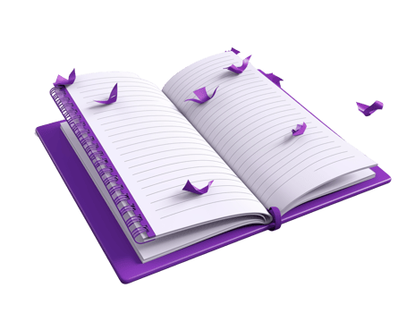 Purple Spiral Notebook With Open Pages And Flying Paper Bird Decorations Isolated On Transparent Background png