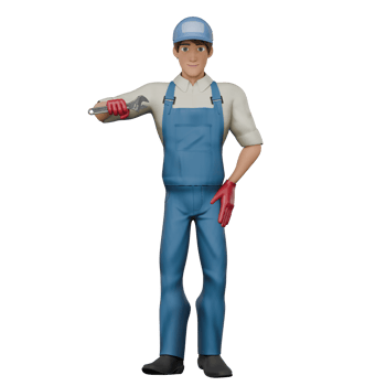 Cartoon Style Auto Technician. A male mechanic stands with his right hand holding a wrench and his left hand on his waist. 3D Male Mechanic png